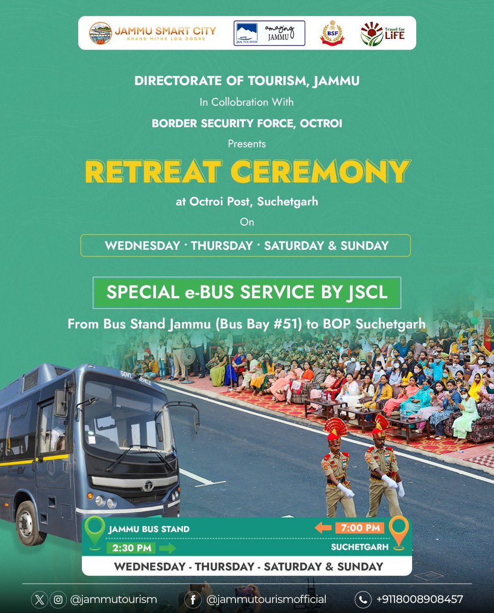 Experience an enchanting evening at the Retreat Ceremony every Wednesday, Thursday, Saturday and Sunday, presented by the Directorate of Tourism, Jammu, in collaboration with the Border Security Force at Octroi Post, Suchetgarh.