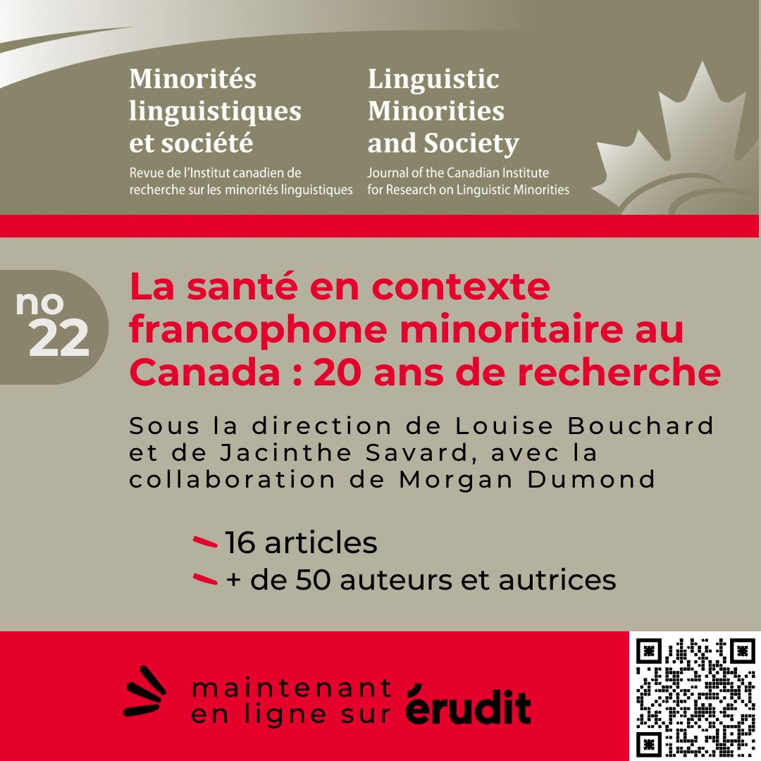 Le numéro 22 est en ligne!

 * La santé en contexte francophone minoritaire au Canada : 20 ans de recherche - sous la direction de Louise Bouchard et de Jacinthe Savard avec la collaboration de Morgan Dumond-

erudit.org/fr/revues/minl…
#frcan