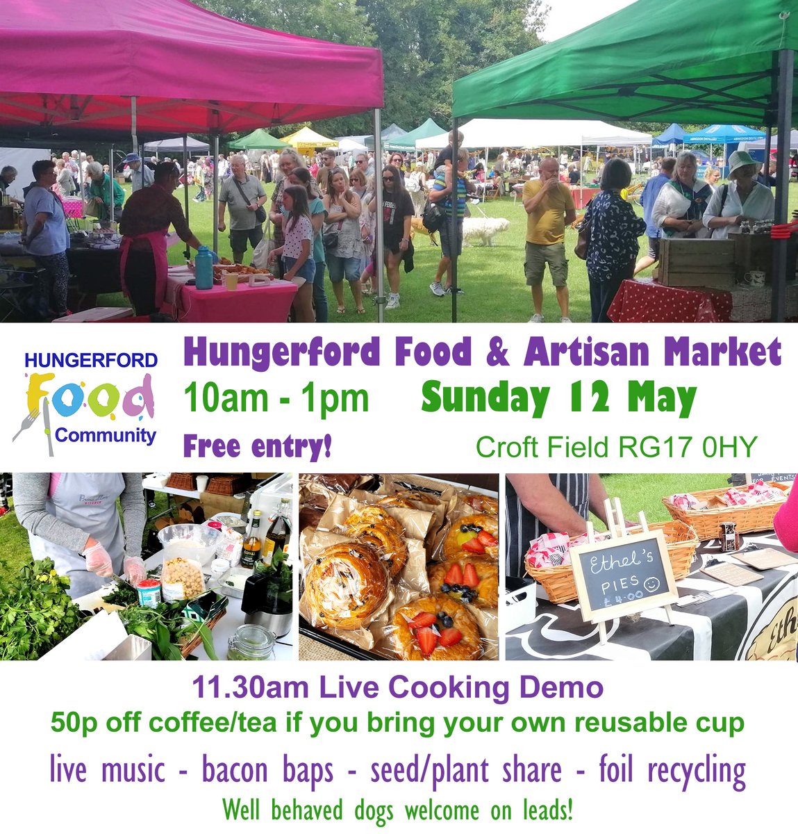 Join us for our next market this Sun 12 May - fab local stalls, street food, live music & cooking demo. Bring your reusable cup for 50p off hot drinks, foil,aluminium & IT tech for recycling, plants/seeds/produce for sharing. #sustainablemarket @ILoveHungerford