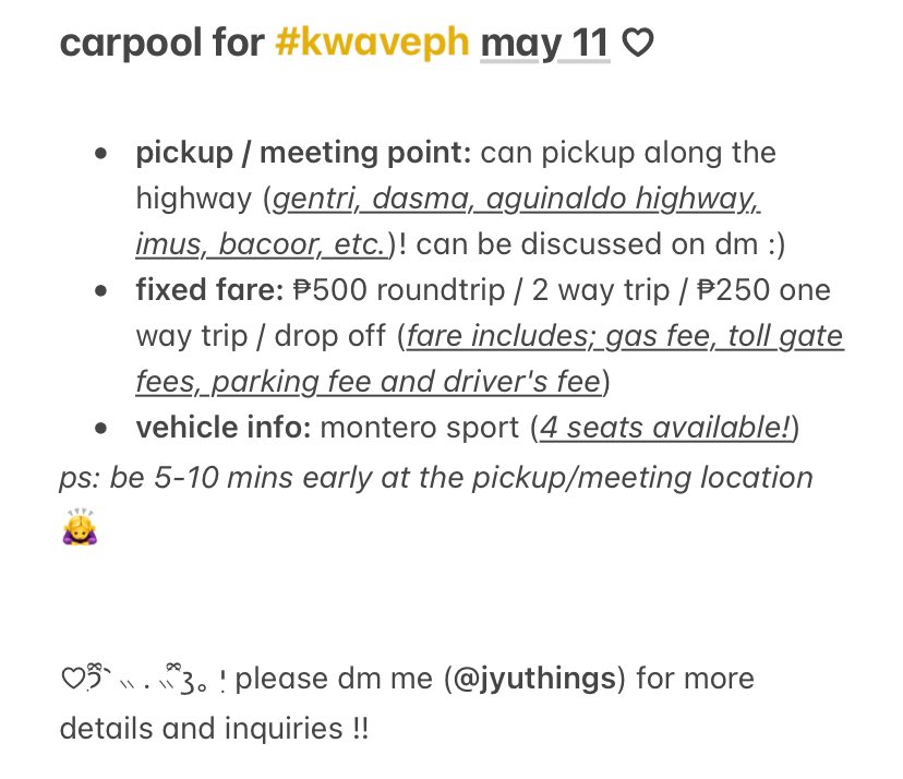 lf cavite carpool joiners / passengers this coming saturday (may 11) for kwave music festival ph at burnham green, rizal park luneta

check photo for details! ◡̈ #THEBOYZ #fromis_9 #PLUUS #YGIG #YARA #KAIA #KWAVEPH #KWAVEMusicFestival #BadmintonAsia #KWAVE