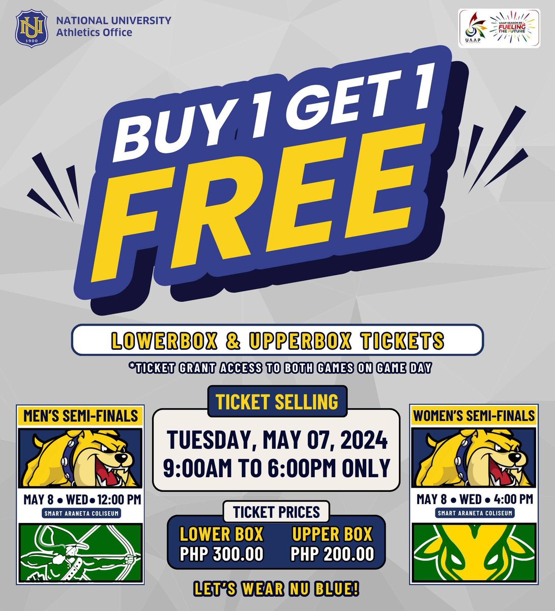 Ticket selling in National University Manila is from 9:00am to 6:00pm tomorrow only. Grab yours and see you this Wednesday! #GoBulldogs #NULetsGo #UAAPSeason86