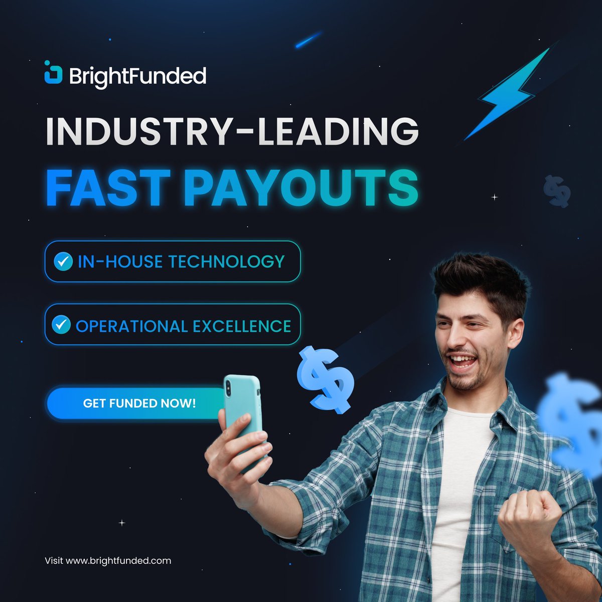 Experience the Industry-Leading Fast Payouts with BrightFunded! ⚡️ Our cutting-edge technology and operational excellence deliver the ultimate prop trading experience. 💎 Join us and elevate your trading game! 🚀
