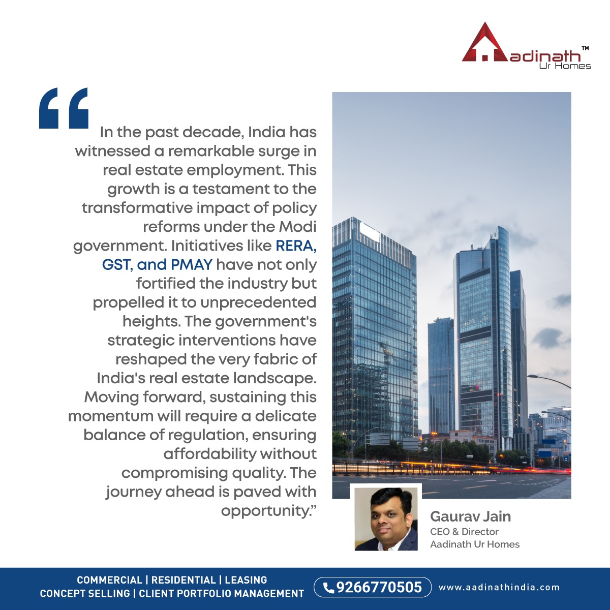 As per recent data, India’s real estate sector has created over 3 crore jobs which is a great feat. Here is what Aadinath Ur Homes’ CEO Mr. Gaurav Jain has to say about this. #WorkforceExpansion #EconomicGrowth #AadinathIndia #AadinathUrHomes #OfficeSpace #RetailSpace