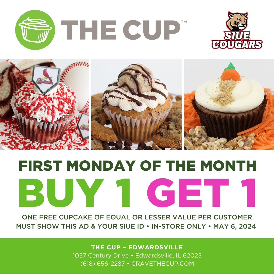 STUDENTS!! Stop at @THECUPeville to get your BOGO cup cakes to celebrate a great academic year!