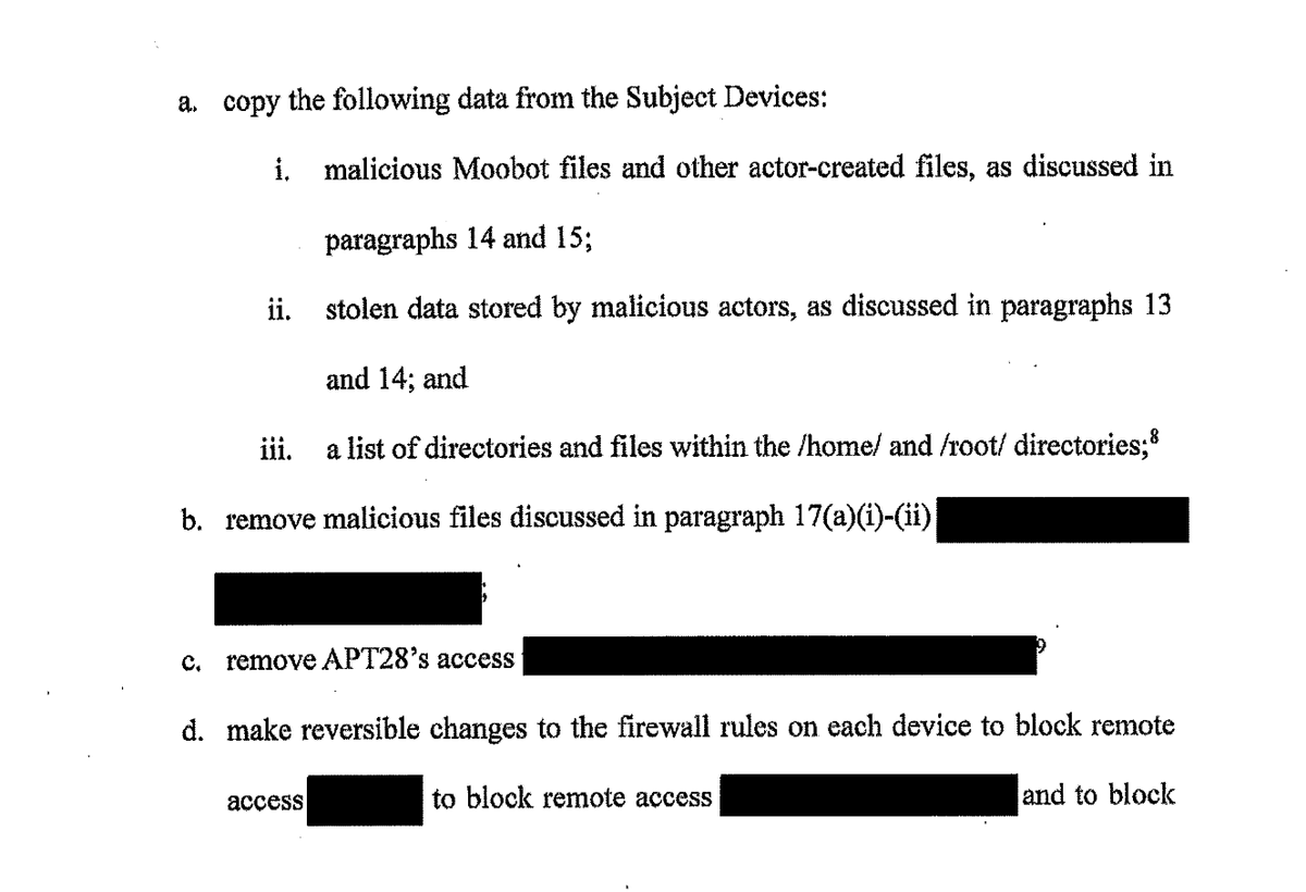 FBI was authorized to conduct active defensive cyber operation to disrupt a botnet of infected routers used by Russian military intelligence in further cyberattacks. The operation conducted without knowledge or consent of device owners. justice.gov/opa/pr/justice…