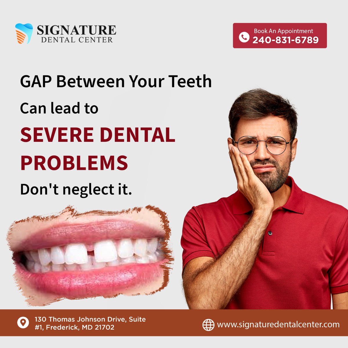 Embrace your unique smile! Don't let a gap hold you back. Book your consultation today and let's close the gap together!
.
For appointments, call or text: +1240-831-6789
Or Visit: signaturedentalcenter.com
.
.
#Dentaltreatment #toothextraction #teethwhitening 
#straighteningteeth