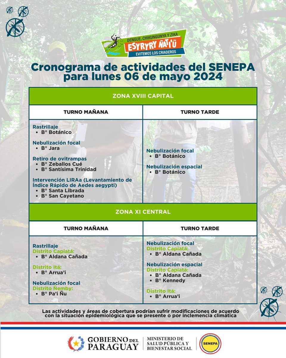 🦟🙅🏽 #SinCriaderos | 🕖 Dedicá 10 minutos al día para eliminar criaderos 🪣 Eliminá toda agua acumulada en recipientes y desechá los objetos en desuso. 📍 Cronograma de actividades del @SenepaParaguay.