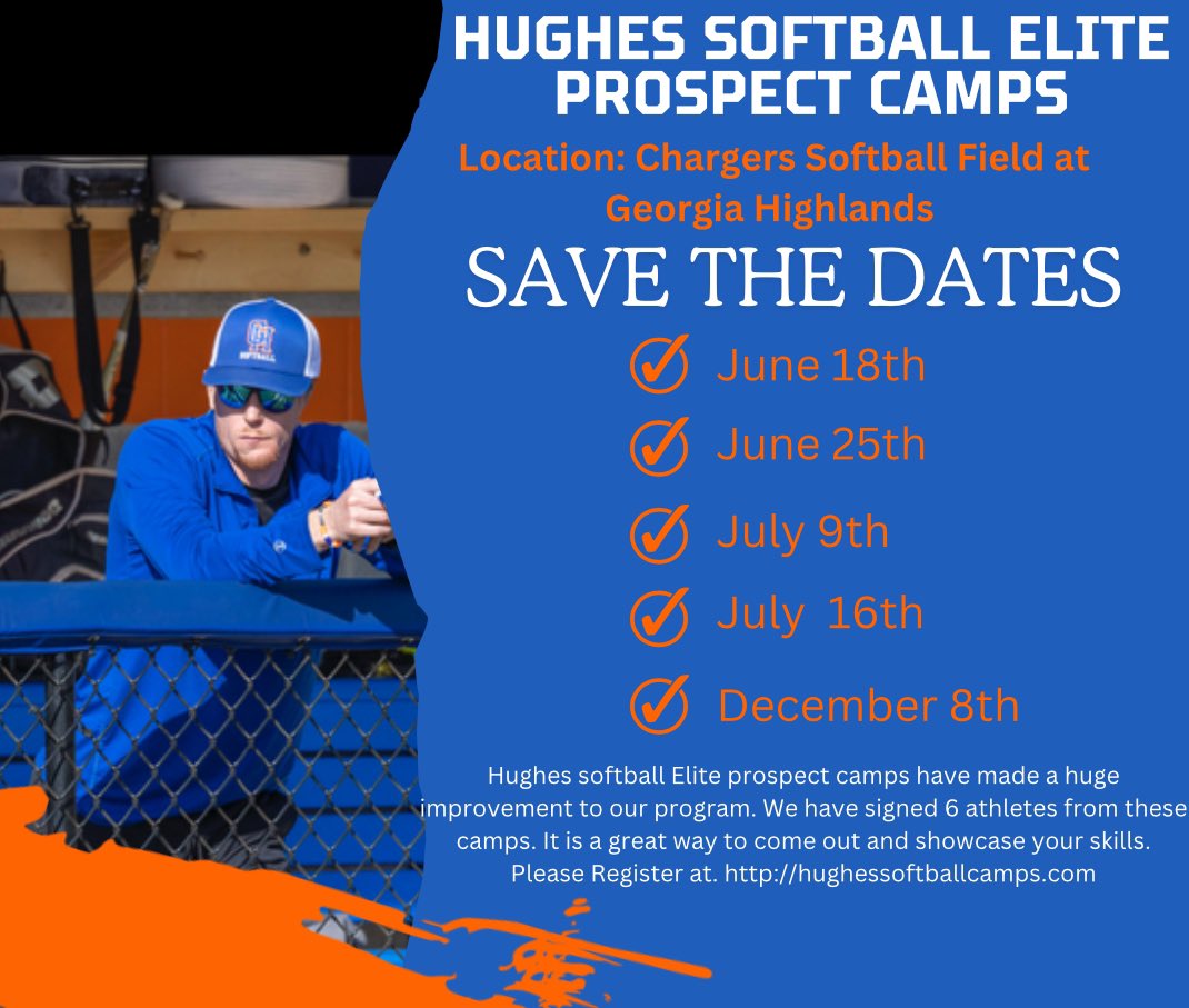 Hughes Softball Elite Prospect Camps are here! #FutureChargers 🥎 🎓- 2024 through 2028 HS Graduates 🗓- 6/18, 6/25, 7/9, 7/16, 12/8 📍- Georgia Highlands College ✍️ - Camp 1: Signed 6 📝- hughessoftballcamps.com