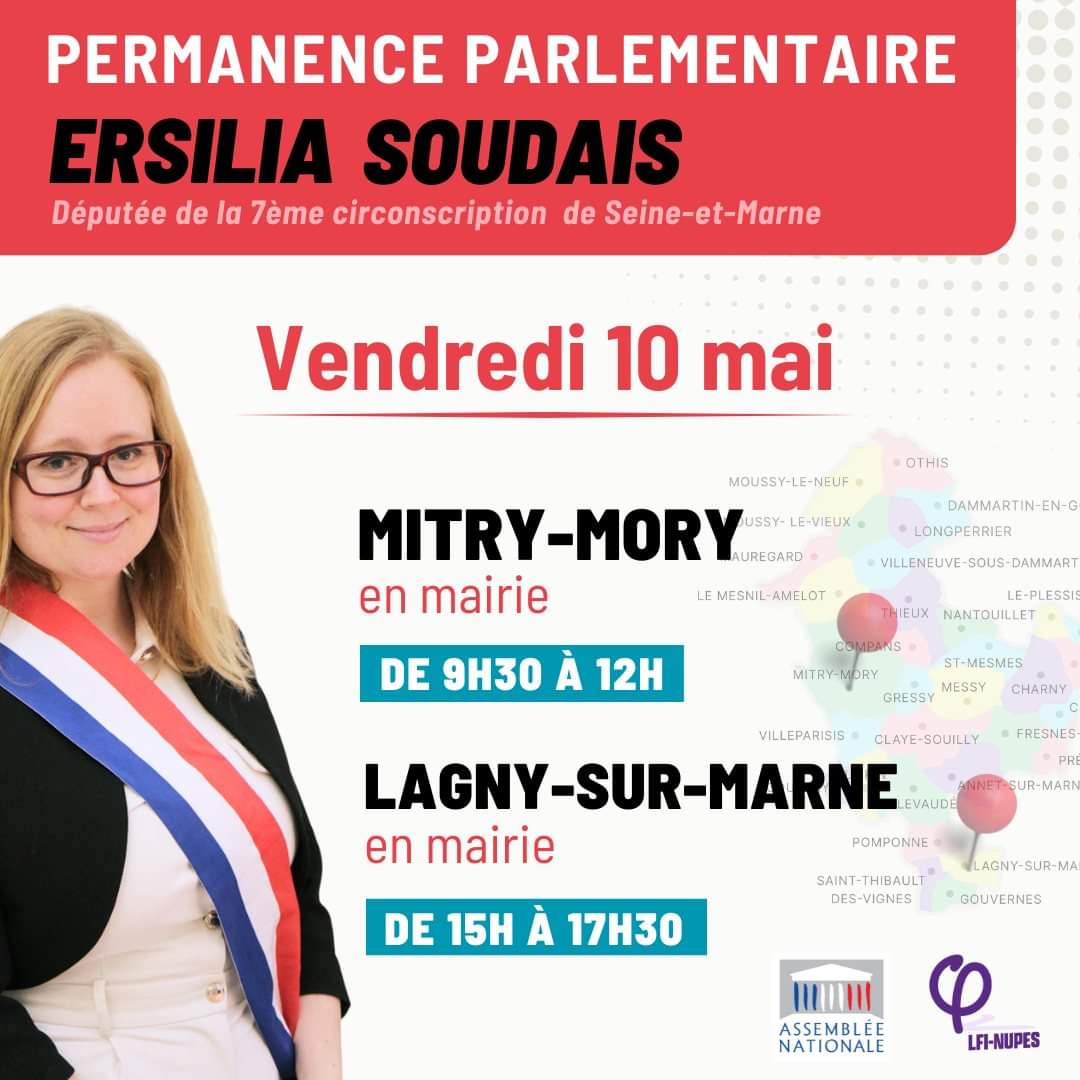 Ce vendredi 10 mai, je tiendrai 2 permanences parlementaires en circonscription :
📍 MATIN / en mairie de Mitry-Mory
⏲️ de 9h30 à 12h
📍 APRES-MIDI / en mairie de Lagny-sur-Marne
⏲️ de 15h à 17h30
#Circo7707 #seineetmarne77