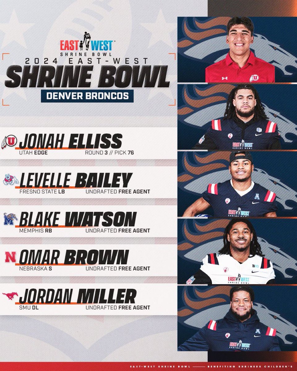 #Broncos added 5 @ShrineBowl-ers in their draft class, all of which will definitely compete for a roster spot 🌪️Jonah Elliss: Efficient, twitchy speed EDGE who can finish in the backfield and be an instant impact disruptive 🪨Levelle Bailey: Stout, playmaking ILB who can finish…