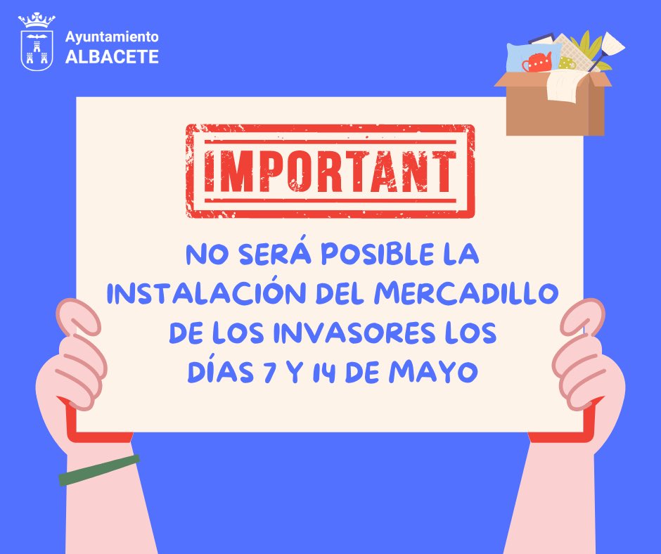 ⚠️ ¡ATENCIÓN ALBACETEÑOS! ⚠️ Queremos informarles que debido a la celebración de EXPOVICAMAN en el Recinto Ferial del 9 al 12 de mayo , no será posible la instalación del mercadillo de ‘Los Invasores’ durante los días 7 y 14 de mayo 🚫. ¡Agradecemos su comprensión! 📢