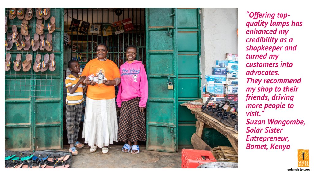 Businesswoman Suzan Wangombe established her shop in the vibrant town of Bomet, Kenya, a decade ago. Determined to offer a reliable alternative, Suzan discovered Solar Sister & the durable, high-quality lamps provided through our business training program. solarsister.org/lighting-the-w…