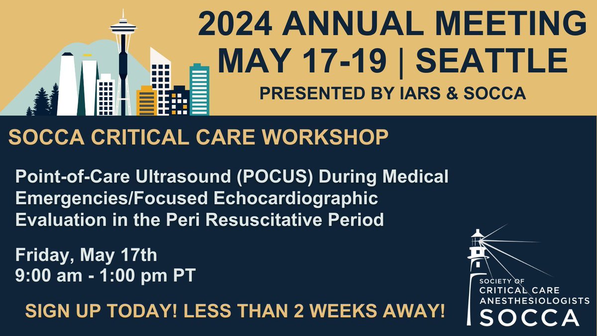 Don’t miss this SOCCA sponsored POCUS Workshop: 'Point-of-Care Ultrasound (POCUS) During Medical Emergencies/Focused Echocardiographic' Sun, May 19th, 9:00-10:00am PT. Register today: buff.ly/3TWcRW3