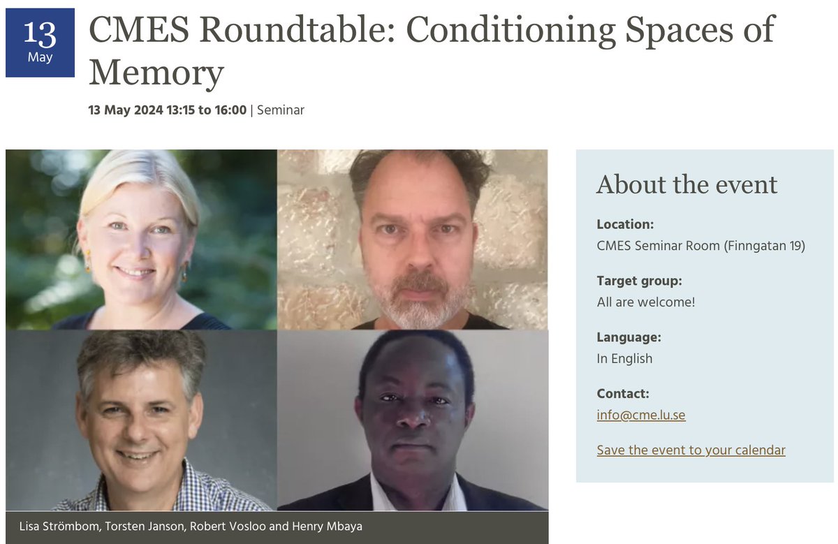 Join us on 13 May for a roundtable with Robert Vosloo, Henry Mbaya, @Strombomlisa, Torsten Janson & Barbara Törnquist-Plewa about conditioning spaces of memory in South Africa and Israel/Palestine. Welcome in person or register for a Zoom link: cmes.lu.se/calendar/cmes-…