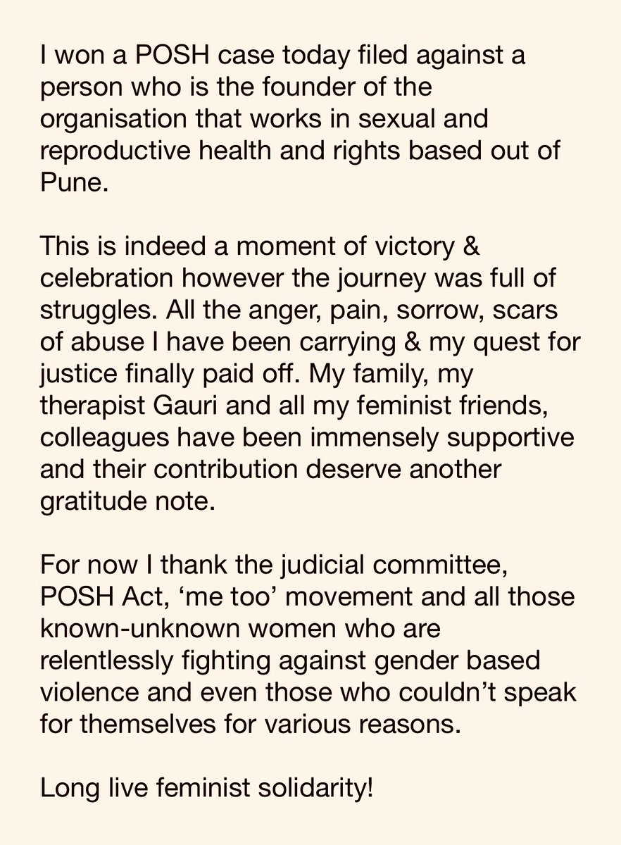 Battles and victories against #POSH are not individual. It’s a collective victory and I am fortunate for having #feministsolidarity from everyone. May this inspire and give strength to others to fight against #genderbasedviolence