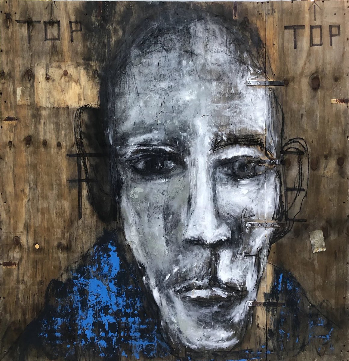 Dubious State Of Serenity, 2019 Charcoal, oil paint, acrylic on distressed plywood crate lid, screws, metal 66 × 63 x 21/2 in | 167.6 × 160 x 6.4 cm US$14,000. - #art #contemporaryart #officedecor #luxuryhome #angelagebhardt #artbaselmiami #loft #artcollection
