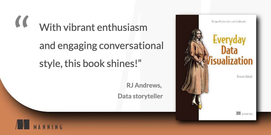 📣 Now in print! 📣

Everyday Data Visualization by <a href="/callmedeeray/">Desireé Abbott (she/her)</a>.
mng.bz/ZEMP

📚 Improve the quality of your #dataviz by employing principles of color, typography, chart types, #datastorytelling, and more. 📚

Thank you for the quote, <a href="/infowetrust/">RJ Andrews</a>. 

#ManningBooks