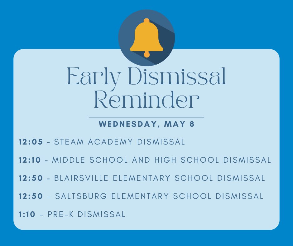 🔔Reminder🔔
Wednesday, May 8, is an early dismissal day! 

Dismissal Times:
12:05 pm STEAM Academy 
12:10 pm Middle and High School
12:50 pm Blairsville Elementary
12:50 pm Saltsburg Elementary
1:10 pm Pre-K

@RVSDSuper @rvhspanthers1 @River_Valley_MS @SbgPrincipal @RVSDBES