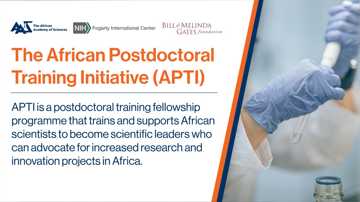 The African Postdoctoral Training Initiative #APTI supports #African #Researchers to gain valuable training & become scientific leaders in #GlobalHealth to make an impact in Africa's #research & #innovation landscape. Learn more👉shorturl.at/dglR9 @Fogarty_NIH @GatesAfrica