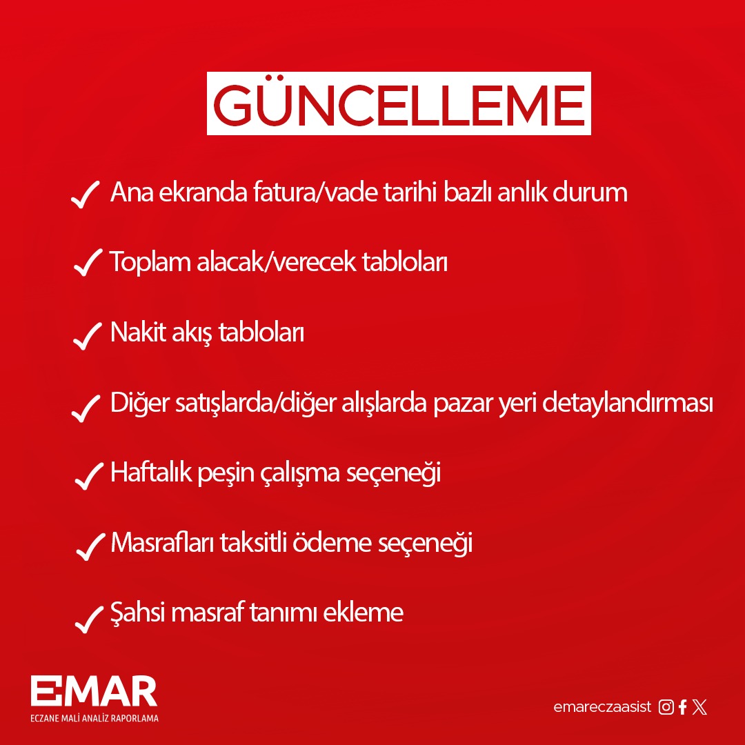 Eczanelere özel ilk ve tek ön muhasebe programı EMAR’ı müşterilerimizden geri bildirimler doğrultusunda  sürekli geliştiriyoruz ve güncelliyoruz!

#emar #eczaasist #emareczaasist #eczanemuhasebesi #eczaneişletmeciliği #enflasyonmuhasebesi #eczanemiyönetiyorum