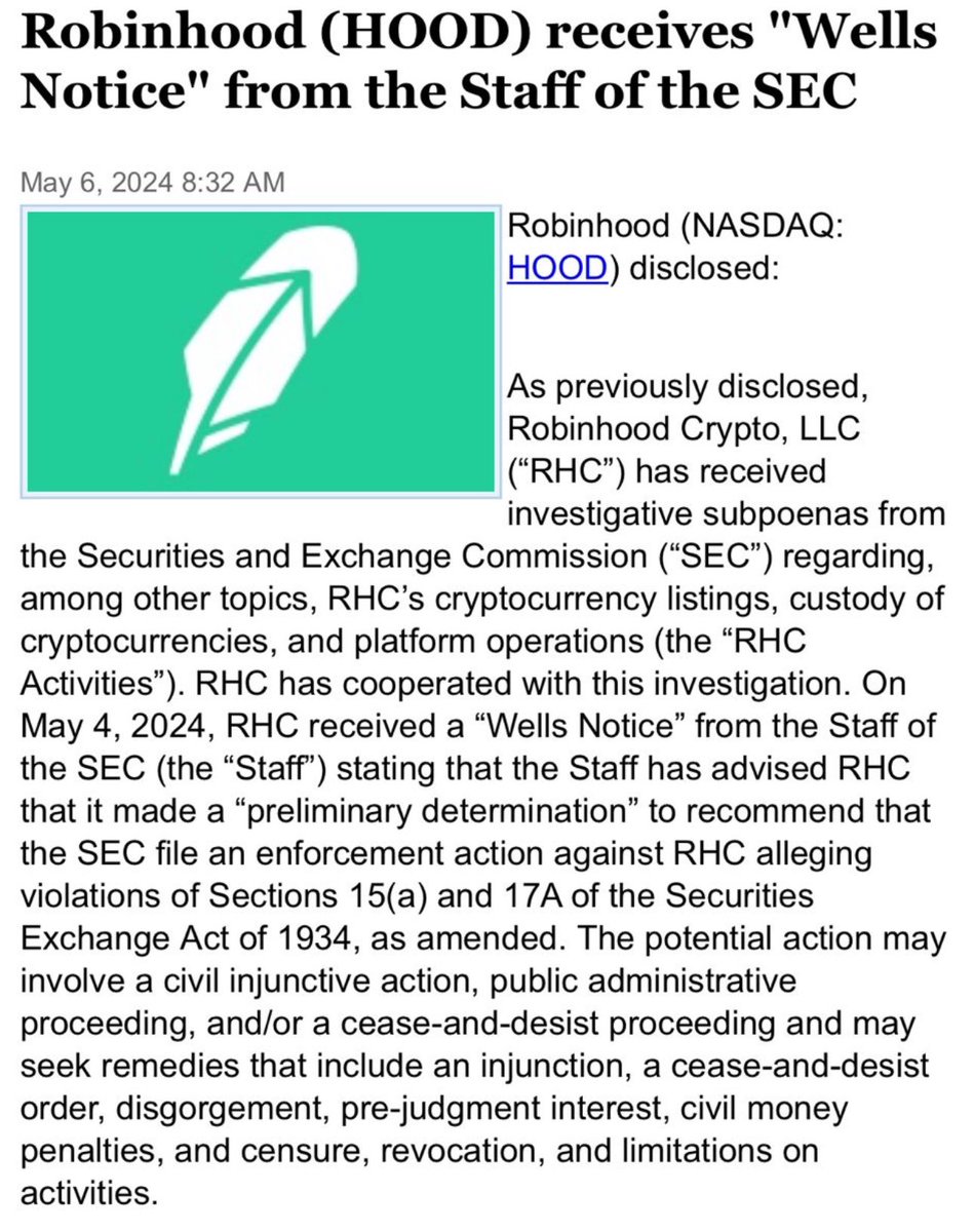 $HOOD Robinhood is down 5% in the premarkets on receiving a Wells Notice from the SEC — it seems to be related to their crypto exchange. Not sure what issue the SEC has given Robinhood delisted Solana (the SEC forced them to do this) last year and only has a few…
