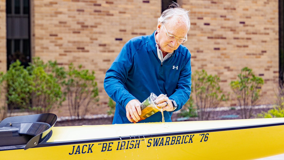 What better way to honor Athletic Director Emeritus Jack Swarbrick than having the @NDRowing program name the newest racing shell the 'Jack ‘Be Irish’ Swarbrick ’76' → bit.ly/3y7HJdY #GoIrish ☘️