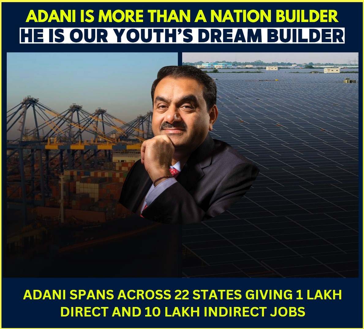 #Adani’s identity as a nation builder is enriched by his role as a dream builder for the youth. His operations across 22 states are a powerhouse of employment. The provision of 1 lakh direct and 10 lakh indirect jobs is a milestone in empowerment.