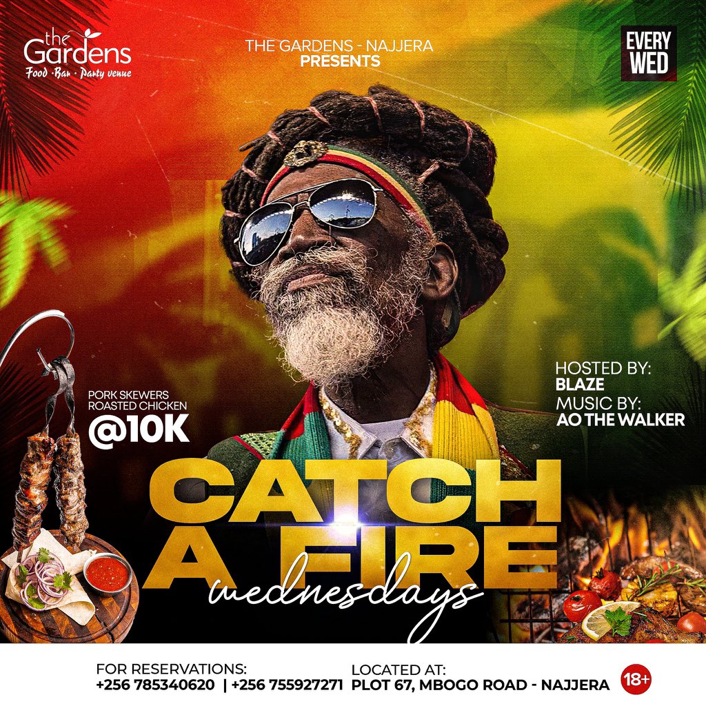 MIDWEEK PLOT The 40th edition of #CatchAFire this Wednesday at @GardensNajjera. Reggae as it ought to be played thanks to @aothewalker and I. Bless up.