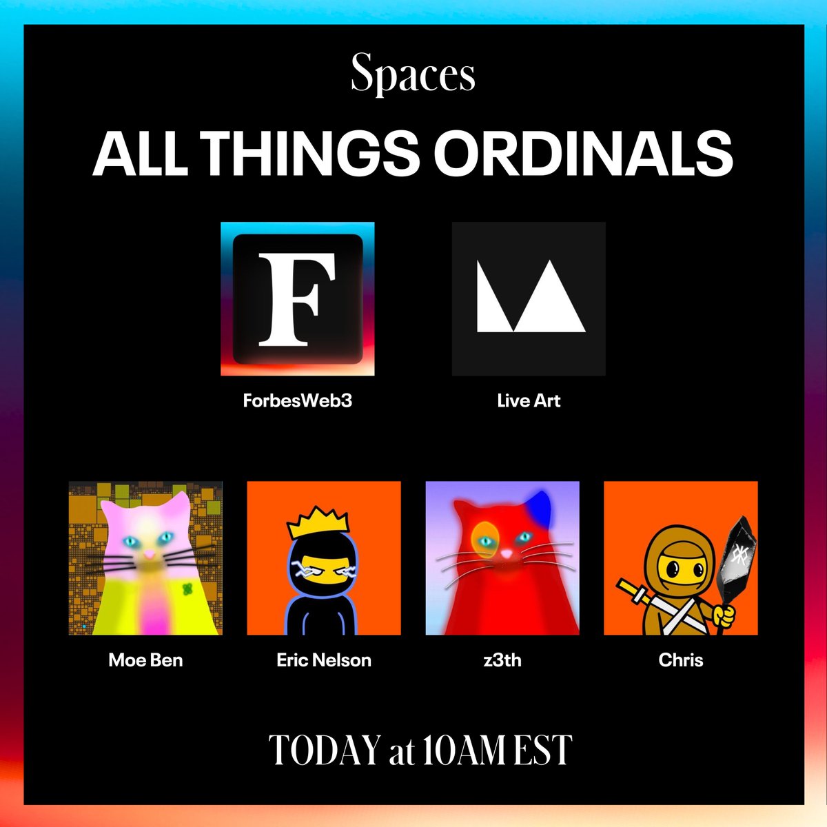 SPACES FOR ALL THINGS ORDINALS 🧡🌟

Join us today at 10AM EST with our frens @LiveArtX @moeben21 @ChrisCoffeeEth @EricNelson @z3thnft