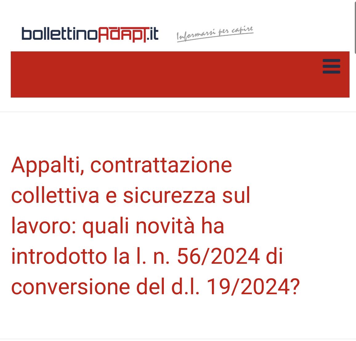 Sul @bollettinoADAPT di oggi, @BenincasaGiada ed io ripercorriamo le novità introdotte dalla l. 56/2024 di conversione del d.l. 19/2024. Sono affrontati i temi in materia di: #appalti #contrattazionecollettiva #salutesicurezza bollettinoadapt.it/appalti-contra…