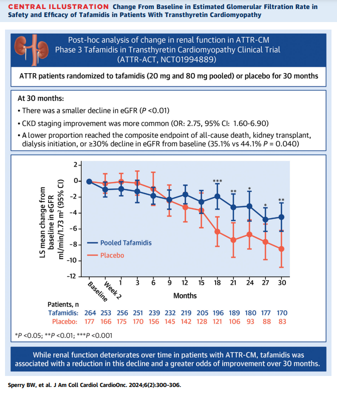 In ATTR-ACT, we found that renal function deteriorates over time in patients with ATTR-CM, and tafamidis treatment was associated with a reduction in this deterioration, and a higher incidence of improved eGFR and CKD staging over 30 months vs placebo. sciencedirect.com/science/articl…