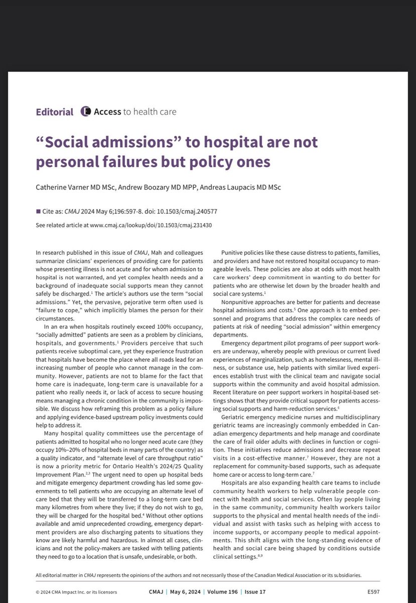 I refer 'social admissions' regularly. I thank Internal Medicine who are compassionate and understanding. Not a patient failure, but a policy failure. Thank you - @CVarnerEmerg @drandrewb @AndreasLaupacis @CMAJ cmaj.ca/content/196/17… - 1/2