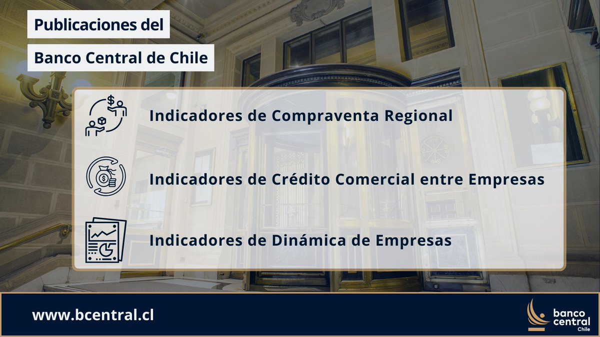 El Banco Central de Chile ha publicado en su sitio web las siguientes informaciones: ✅Indicadores de Compraventa Regional. ✅Indicadores de Crédito Comercial entre Empresas. ✅Indicadores de Dinámica de Empresas. Más información en bcentral.cl