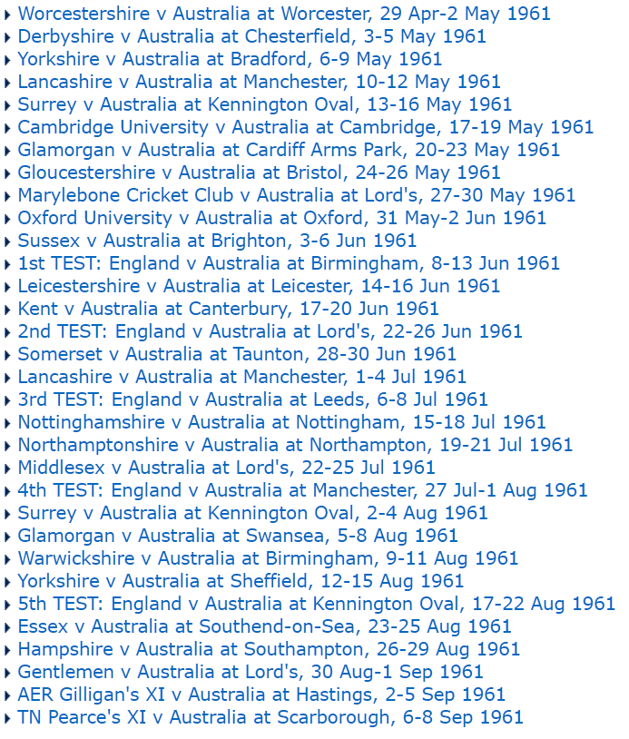 1/3 Because I've been reading about it in the brilliant forthcoming book Richie Benaud's Blue Suede Shoes, I thought I'd share the tour schedule for the 1961 Australians, who landed on 21 April. Once they began playing on 29 April, their first day off was on 7 June.