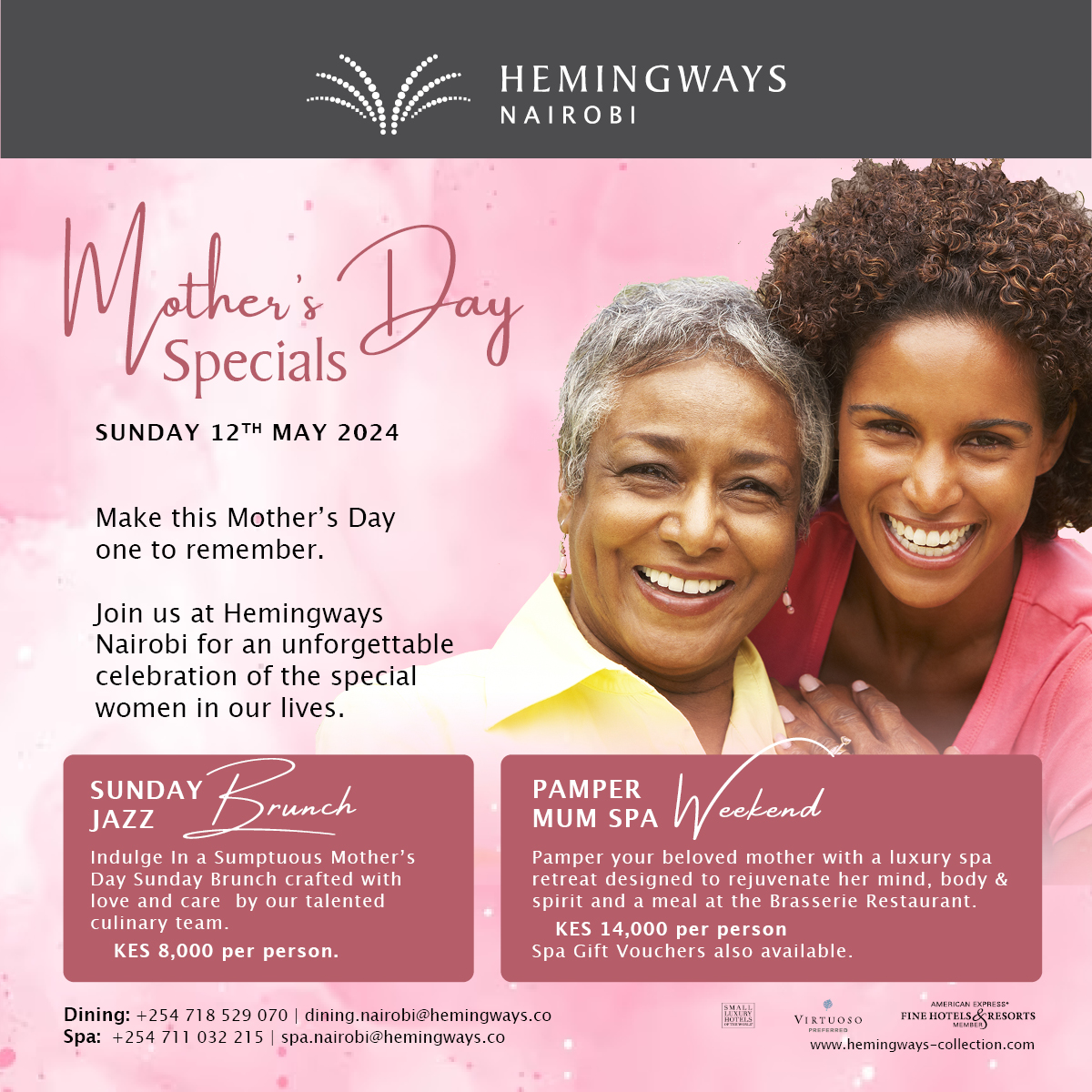 Moms make our world a brighter place. This Mother’s Day, show your mom, big sister, aunt, or that treasured friend how much you value her, and treat her to our special brunch or indulgent spa treatments... #CelebrateMothersdayinstyle #MothersDayOffers #HemingwaysNairobi