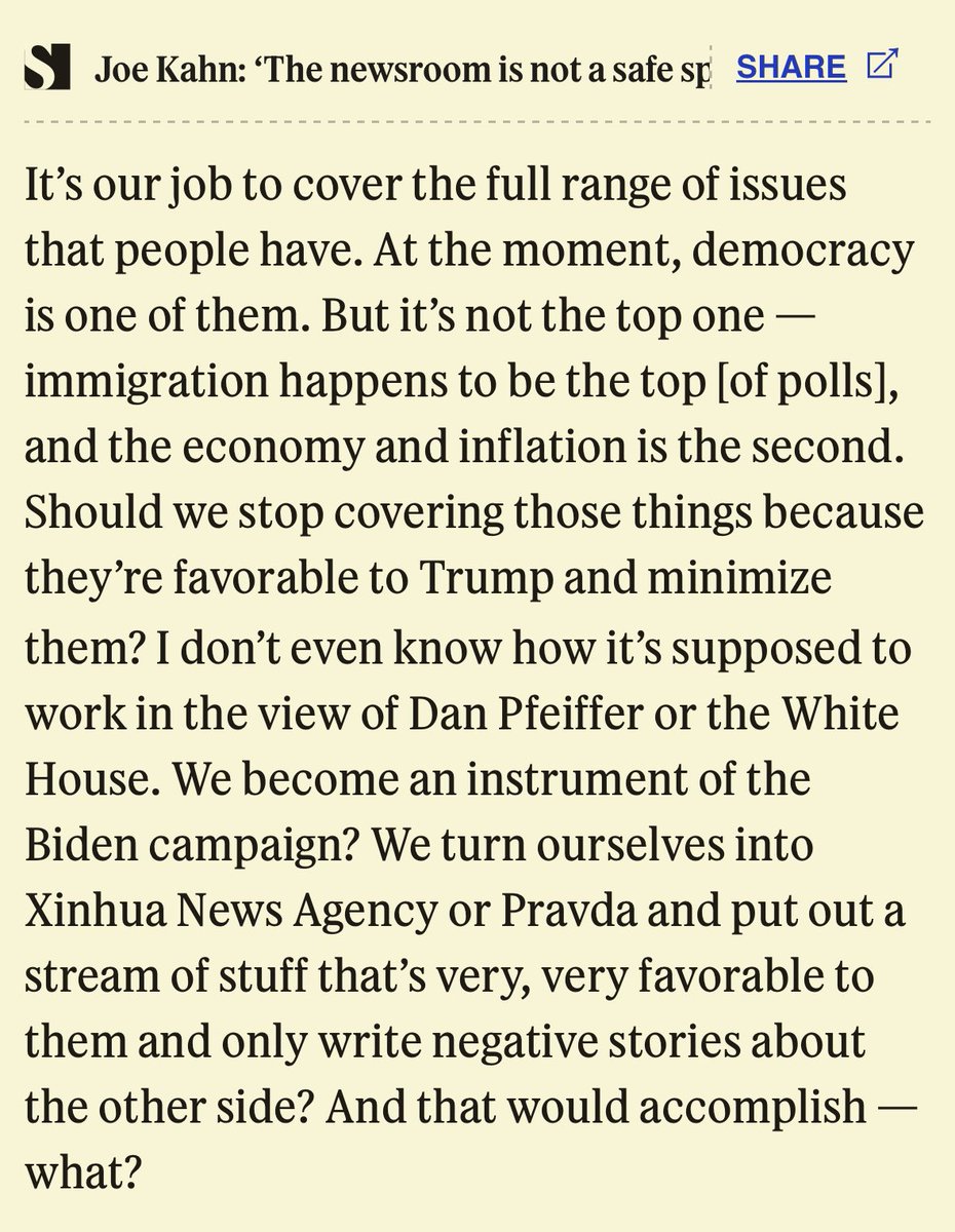 My only real objection to Joe Kahn’s defense of traditional journalism values in the context of 2024 is that if you think inflation and immigration are the issues voters care most about then I think you actually owe them a lot of articles about substantive policy in those areas.