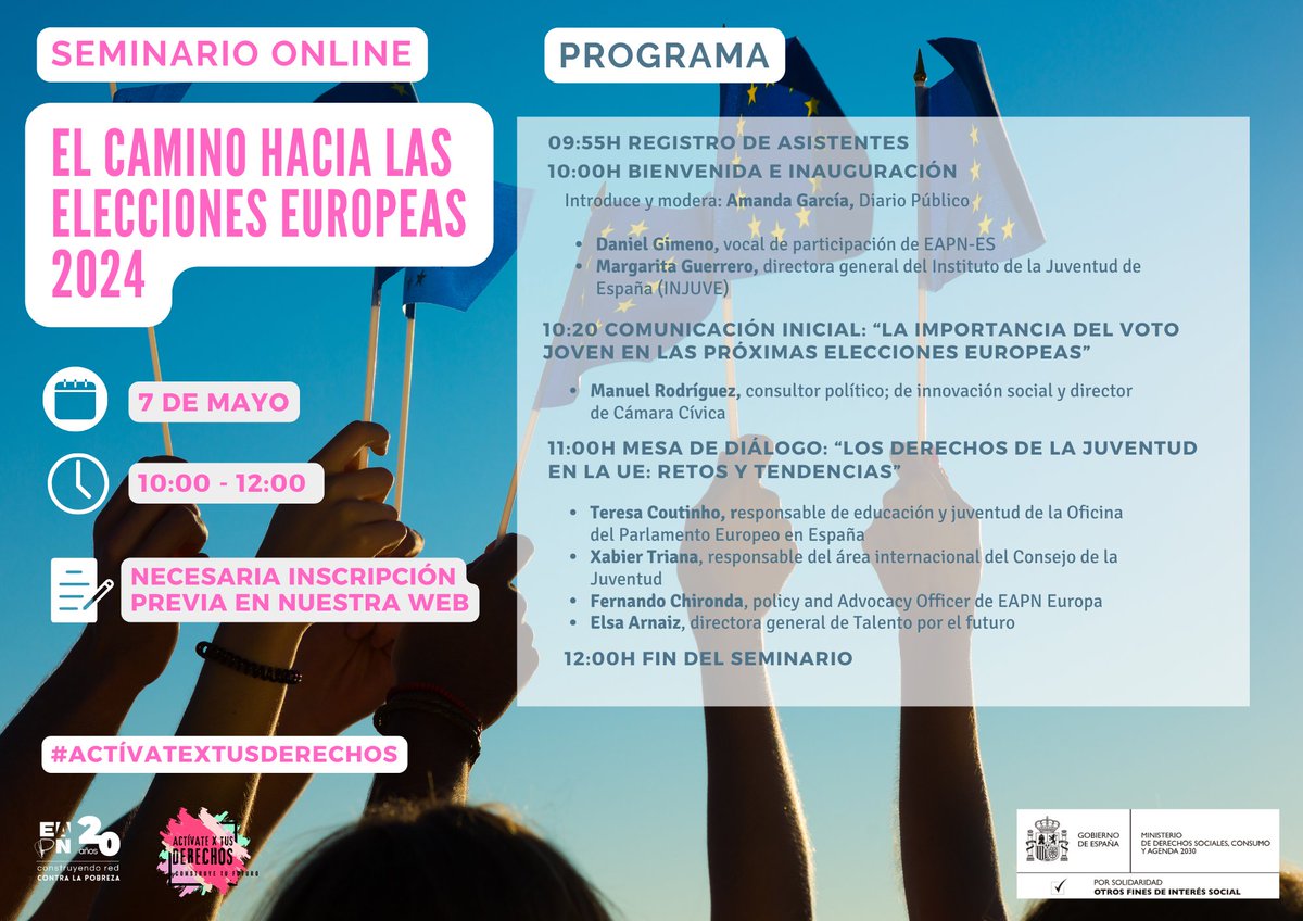 📣Don't miss out! Join us at the upcoming @EAPNes online event💻 '𝗧𝗵𝗲 𝗿𝗼𝗮𝗱 𝘁𝗼𝘄𝗮𝗿𝗱' #𝗘𝗨𝗘𝗹𝗲𝗰𝘁𝗶𝗼𝗻𝘀 🇪🇺𝟮𝟬𝟮𝟰' 📆 May 7 🕙 10:00 - 12:00 💻 Online ✍️ Registration required. 🇪🇺 ➕INFO 👉eapn.es/actividades/30…'