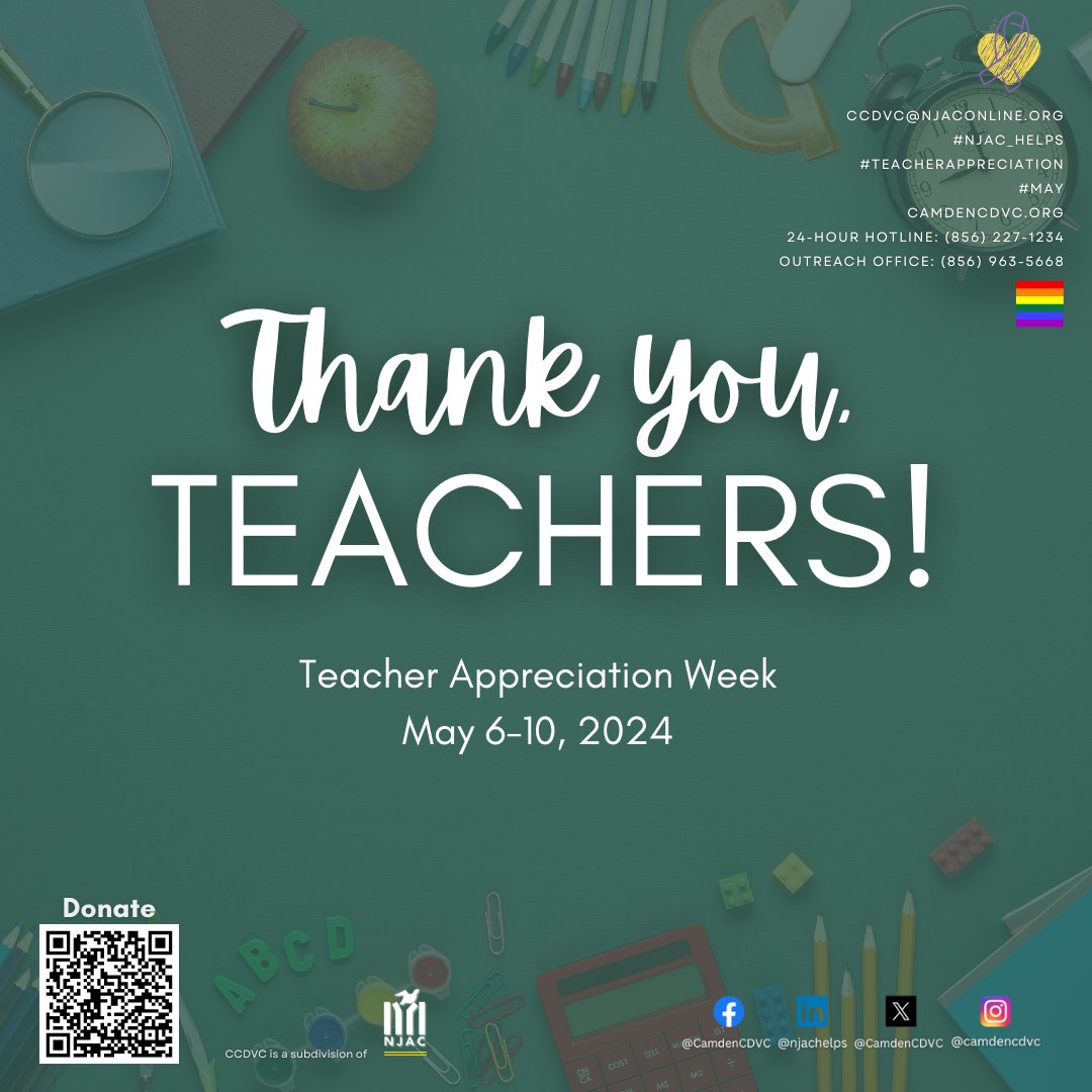Happy Teacher Appreciation Week! Let's celebrate and honor these everyday heroes who educate our future leaders. Thank you, Teachers!  

#TeacherAppreciationWeek #Education #enddomesticviolence #camdencountynj #camdennj #newjersey #njac_helps