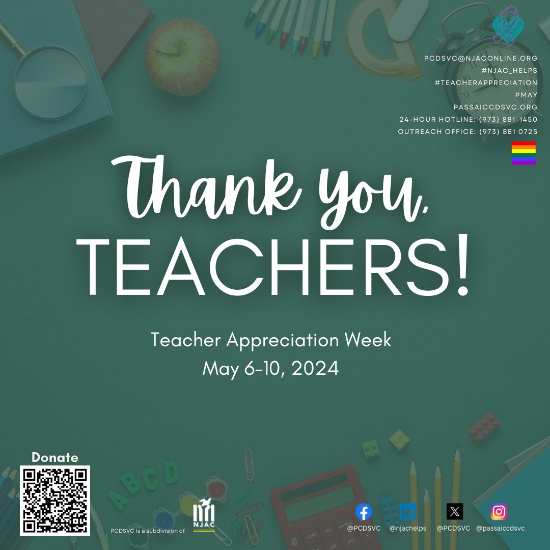 Happy Teacher Appreciation Week! Let's celebrate and honor these everyday heroes who educate our future leaders. Thank you, Teachers!  

#TeacherAppreciationWeek #Education #endsexualviolence #enddoemsticviolence #passaiccountynj #patersonnj #newjersey #njac_helps