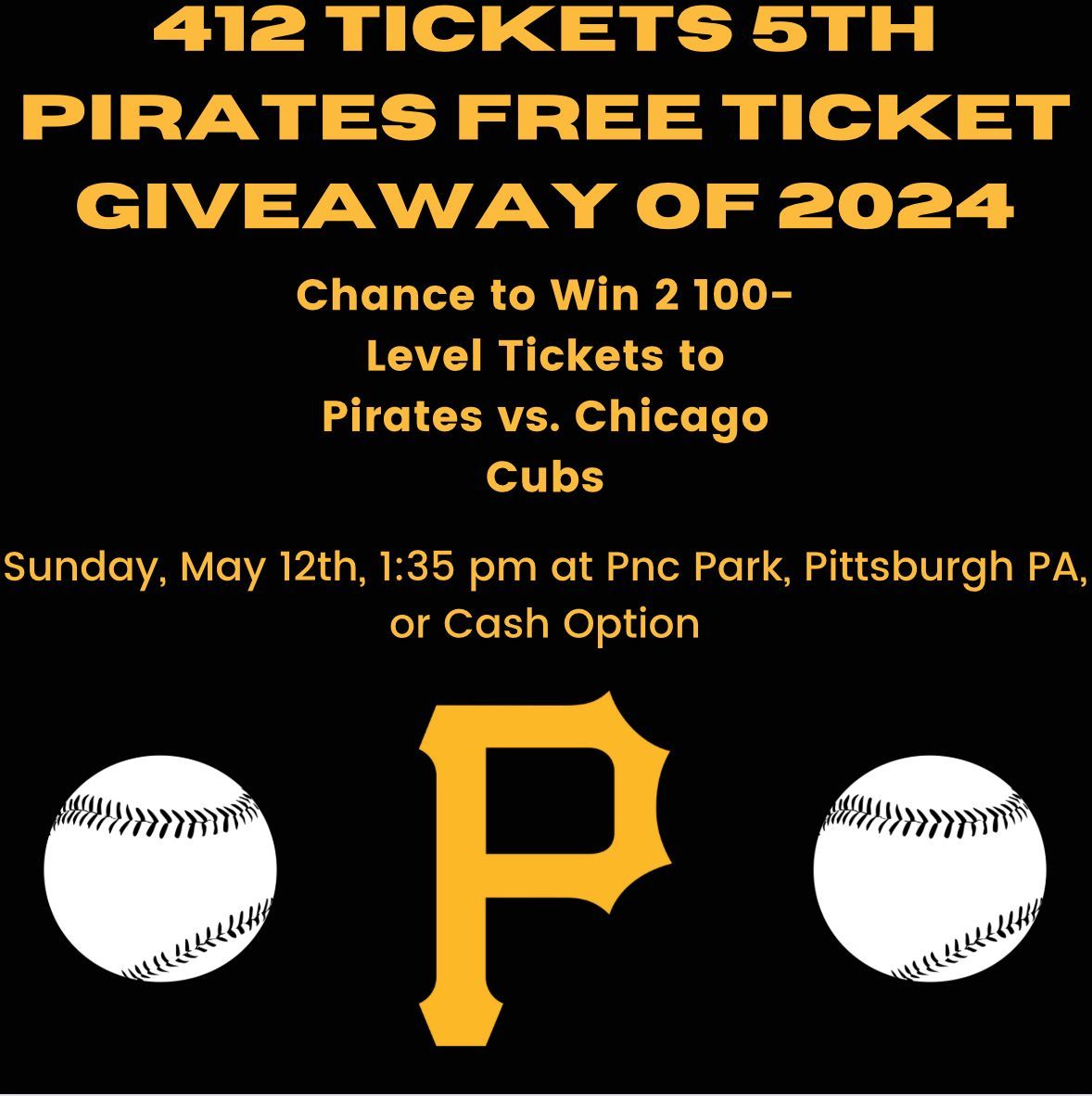 #PiratesFreeTicketGiveaway Chance to win 2 Free 100 Level Tickets to #Pirates vs #Cubs on Sun. 5/12 at 1:35pm or $25 via Cash App/Paypal Giveaway starts Now ends Mon 5/6 at 11:59pm EST Follow, RP & TAG FRIENDS Enter on our FB & IG @412Tickets too Winner agrees not to Resale Tix