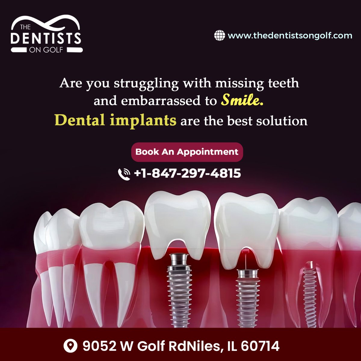 Welcome a confident smile with dental implants! Find a lasting solution for missing teeth and rediscover your natural beauty.
.
For Appointments, contact us at 847-297-4815 or
Visit: thedentistsongolf.com 
.
#Dentalimplants #cosmeticdentistry #dentalcleaning 
#dentaltreatment