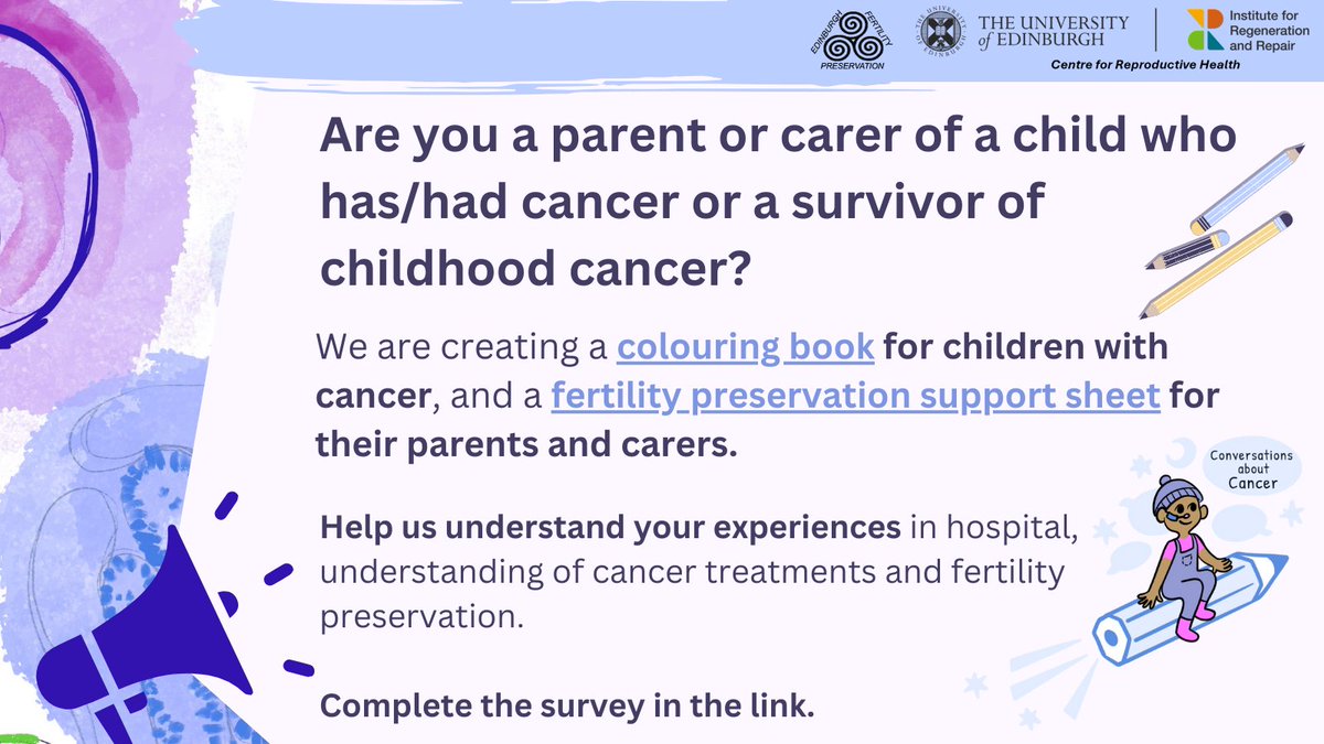 📣 Are you a parent/carer of a child with cancer or a survivor of childhood cancer? 🎗 We are creating a colouring book for children with cancer and we want to understand your experiences of hospital, treatment and fertility. Complete the survey👉 app.onlinesurveys.jisc.ac.uk/s/edinburgh/co…