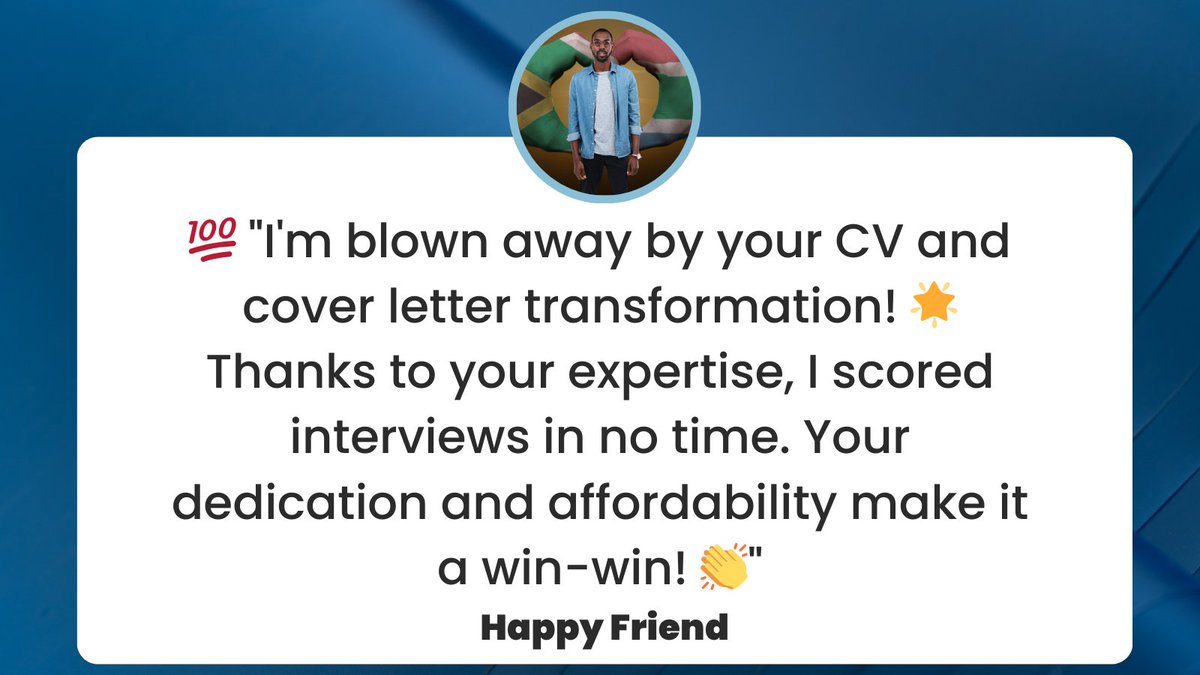 Is your CV not getting the attention it deserves? 
👇🏿
Our revamped CV & Cover Letter service can change that! 
Connect now and let's make your CV shine.
Demos | JobseekerSA cv revamp √
🔗 wa.me/27662564831
🔗 WSP 27 66 256 4831
Read more 
👉🏿 Revamp cv √
 #jobseekersSA 
👇🏿