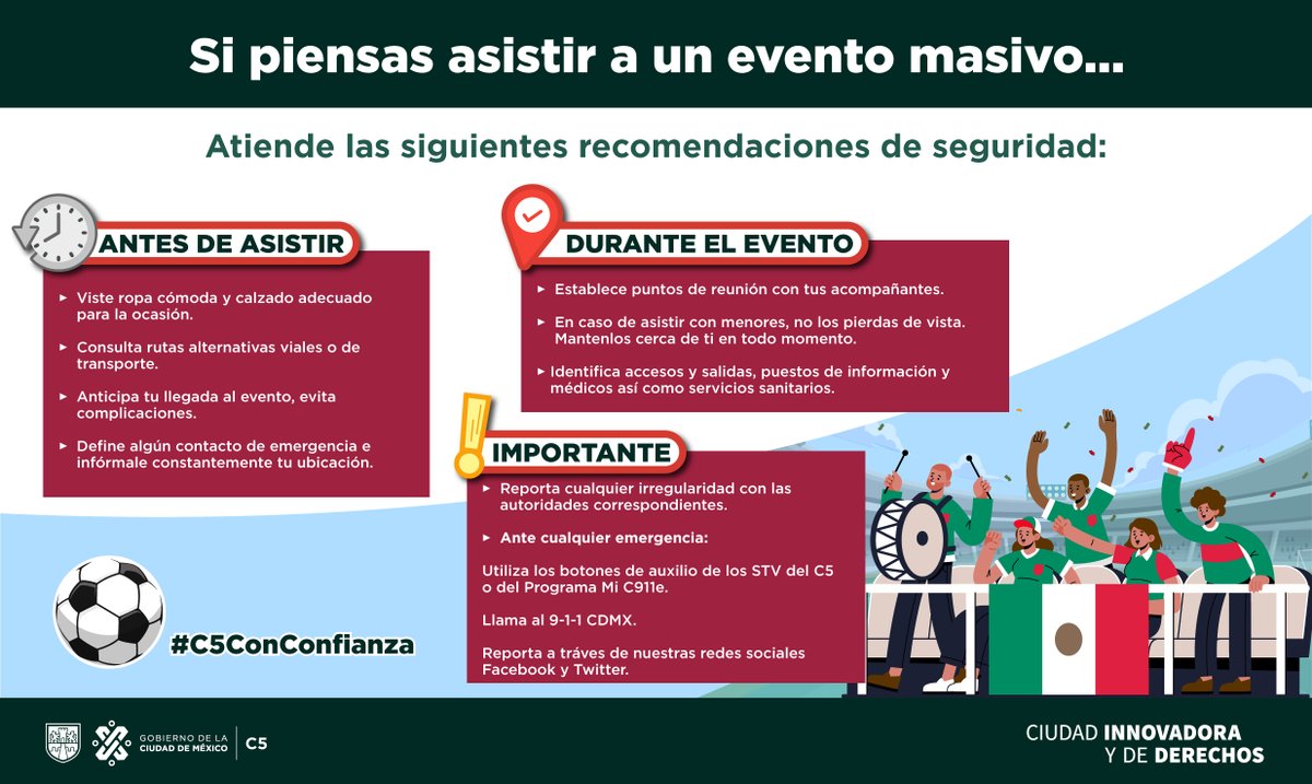 ✅ Tu seguridad es primero ⚠️ 👥👤Si asistes a un evento masivo toma en cuenta las siguientes recomendaciones ✍️🏻 #911CDMX #C5conConfianza