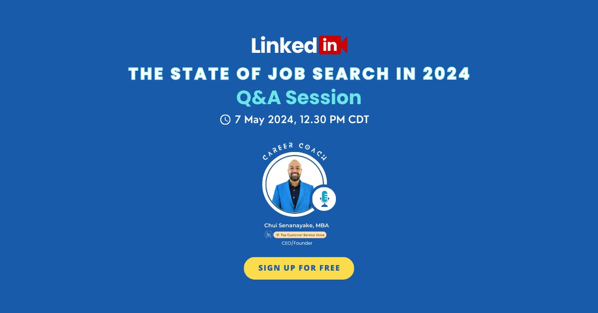 🌟 Calling All Professionals! 🌟

🔍  Join us for an insightful LinkedIn Live session: 'The State of Job Search in 2024' followed by an engaging Q&A session.

✨ Sign up for FREE: loom.ly/bLW8HkA

#JobSearch #LinkedInLive #CareerAdvice #ChuiTheCareerCoach #TheJobHelpers