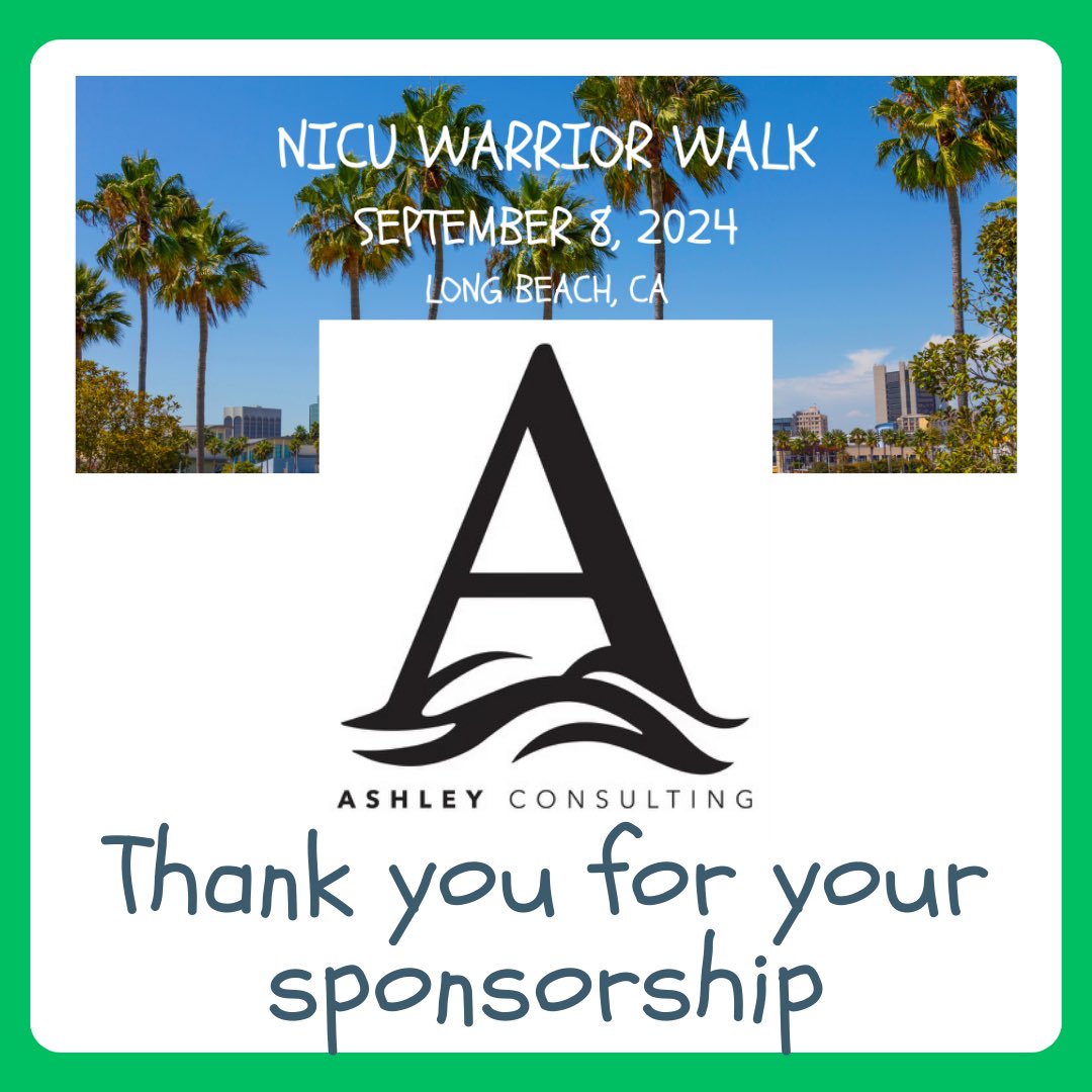 Thank you to Ashley Consulting for sponsoring the upcoming NICU Warrior Walk on Sept 8, 2024!
nicuwarriorwalk.org #nicusupport #nicu #nicunurse #nicumom #nicubaby #nicudad #nicusocialworker
