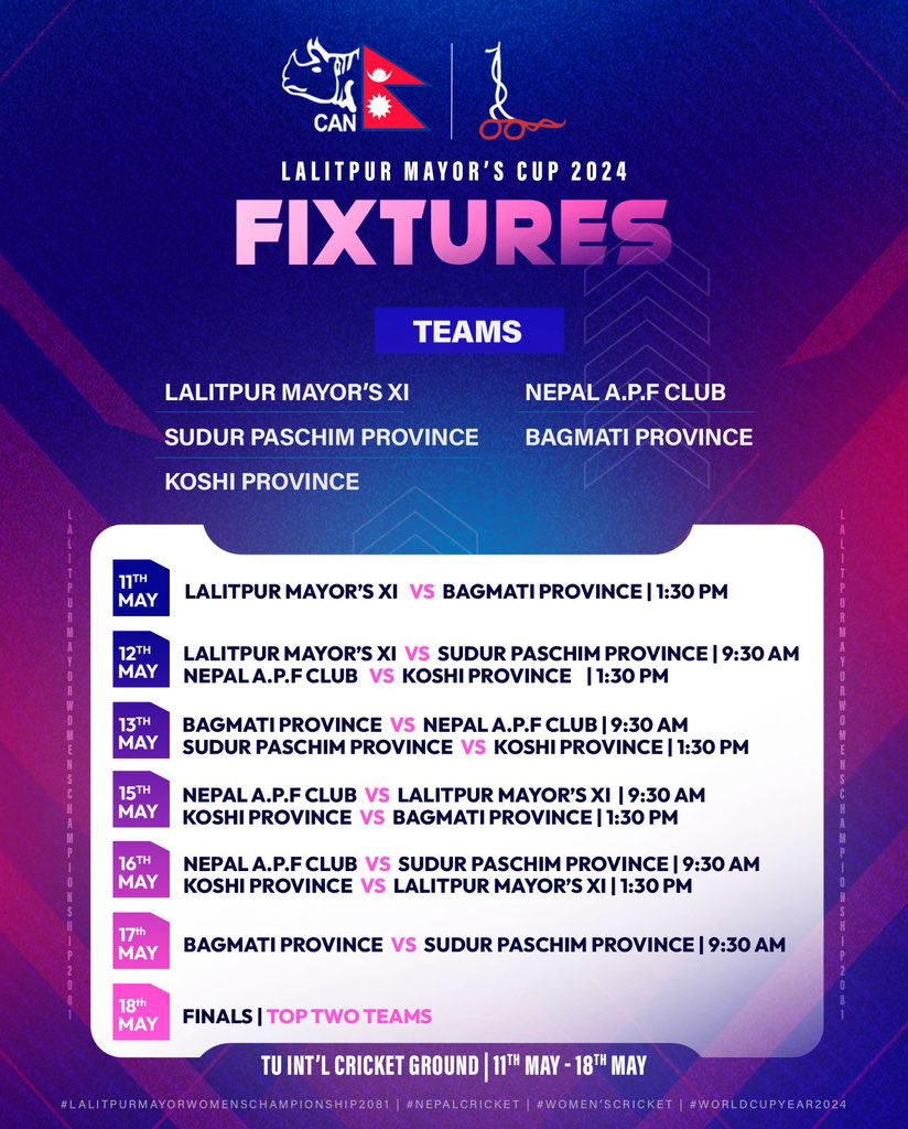 🏏🗓️Save your dates as Lalitpur Mayor’s Cup 2024 is set to kick off its action from 11th May at the scenic TU Ground ⚡️🇳🇵

#HerGameToo | #WomensCricket | #NepaliCricket