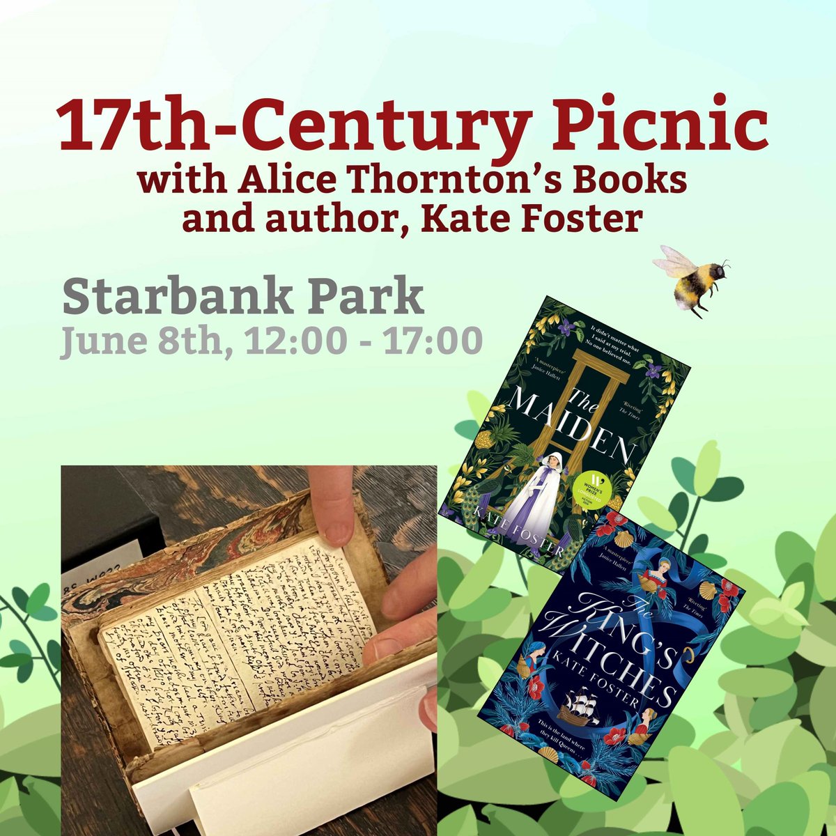 On June 8th, pack a picnic for a Thornton-themed event in @StarbankPark! 🌞Guided walks 🦋Free talks 🍐Craft & creative writing 🌿Book stall 🌸Thornton Books in conversation with @KateFosterMedia, author of 'The Maiden', & forthcoming 'The King's Witches' alicethorntonpicnic.eventbrite.co.uk