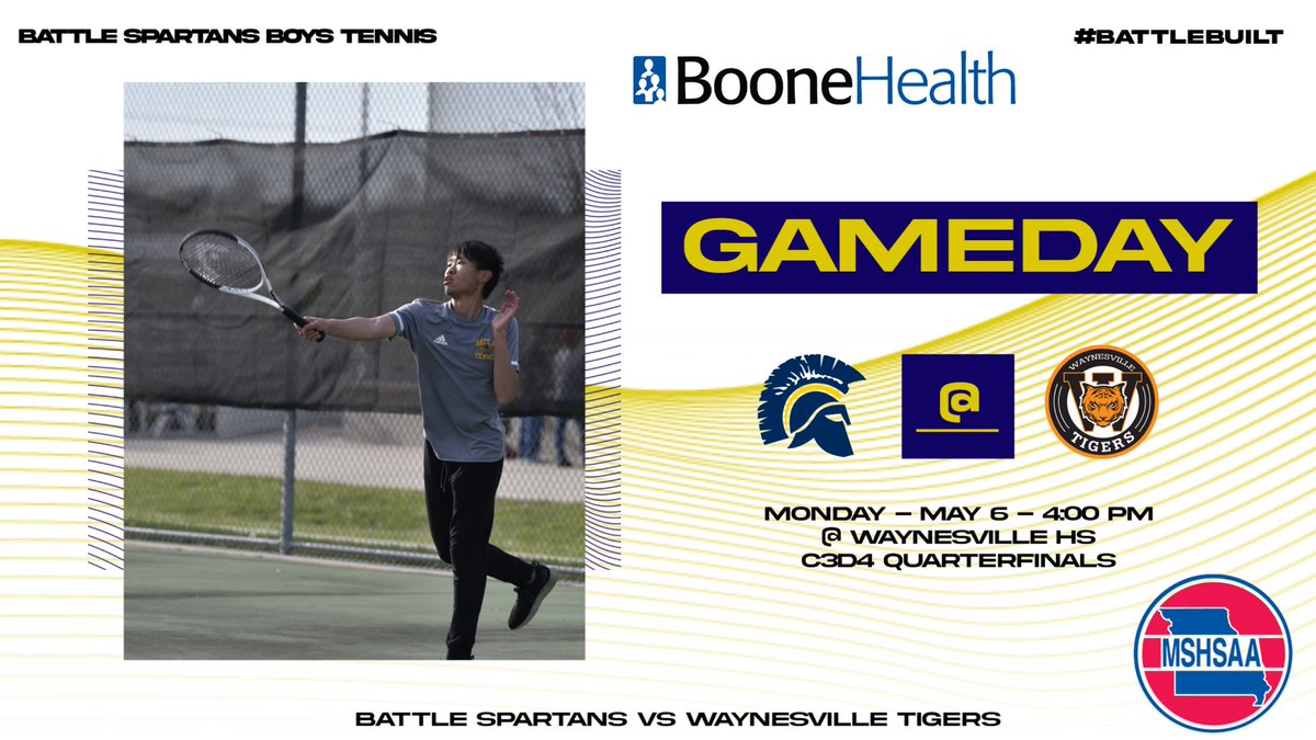 Good luck to Battle Boys Tennis as they travel to take on Waynesville in the quarterfinals of the Class 3 District 4 Team Tournament today! Go Spartans!