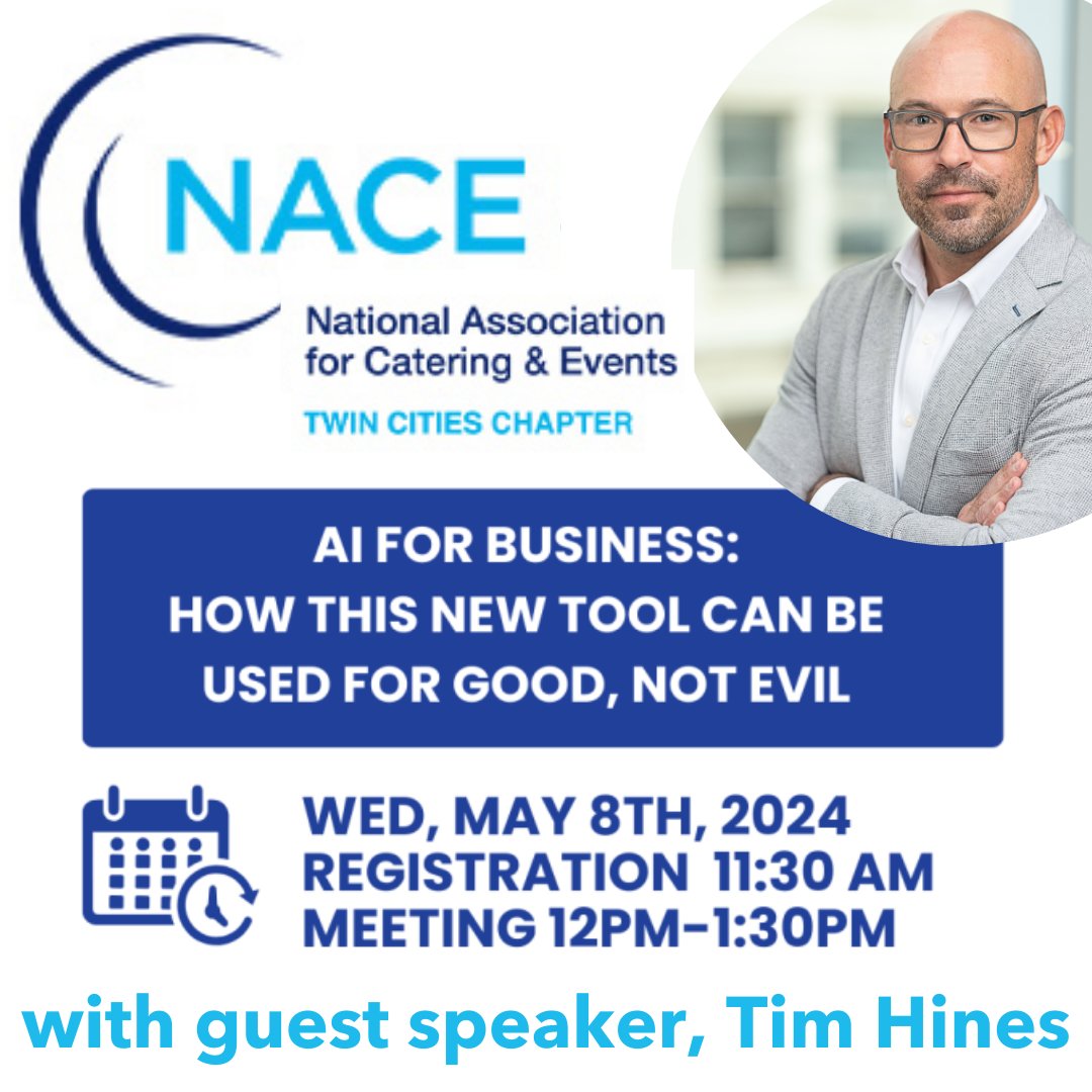 Tim Hines (@tnhines) on Twitter photo ✈ I'm off to Minneapolis this week to speak at my very first <a href="/NACENational/">NACE National</a> event. We're going to dig into how AI is helping #catering and #eventprofs do more with less and carve pathways for good, not evil.
Check it out 👉 twincitiesnace.net/meetinginfo.ph…
#meetingsmeanbusiness ✈ I'm off to Minneapolis this week to speak at my very first <a href="/NACENational/">NACE National</a> event. We're going to dig into how AI is helping #catering and #eventprofs do more with less and carve pathways for good, not evil.
Check it out 👉 twincitiesnace.net/meetinginfo.ph…
#meetingsmeanbusiness